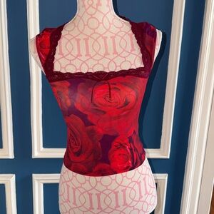 Urban Outfitters | Out From Under | Red Rose Print Mesh Lace Cami Top - Size XS